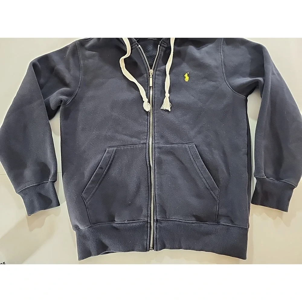 Vtg‎ Polo Ralph Lauren Full Zip Hoodie Medium Navy Blue Yellow Logo Slim Fit